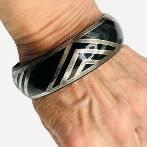 Rare Art Deco Silver Overlay Black Celluloid Bangle Bracelet